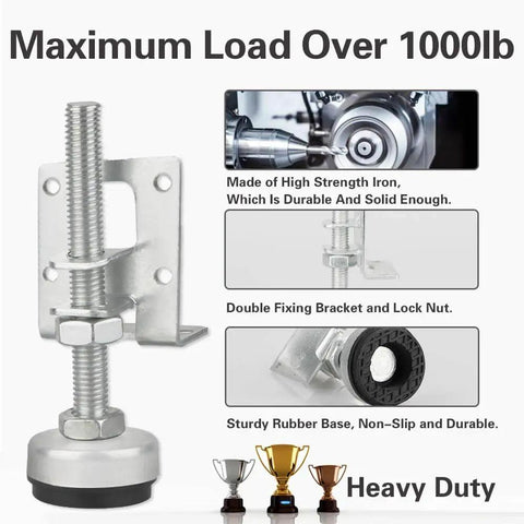 Close-up of 4 Pack Heavy Duty Adjustable Furniture Leveling Feet with L shape bracket for tables and appliances.