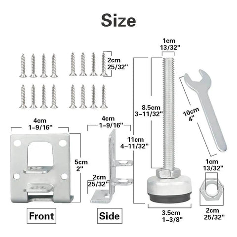 4 Pack Heavy Duty Adjustable Furniture Leveling Feet With Load Levelers For Tables Cabinets Benches And Appliances Height Adjustable From About Three Quarters Of An Inch To About Three And A Half Inches Sturdy L Shape Tray Bracket For Maximum Stability shown disassembled with screws, bracket, leveling foot, and wrench.