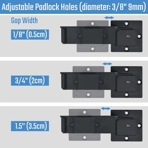 Diagram showing 7.5 Inch Flip Gate Latch Lock With Padlock Holes, Heavy Duty Aluminum Alloy Door Latch focusing on gap widths.