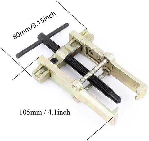 Adjustable 2 Jaw Gear Puller for Cars and Motorcycles, Heavy Duty Auto Repair Tool, close-up showing dimensions and metal components.