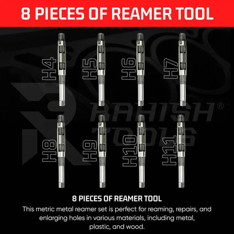 Display of 8-piece Adjustable Hand Reamer Tool Set with labeled sizes H4-H11 for precise hole finishing in metal and wood