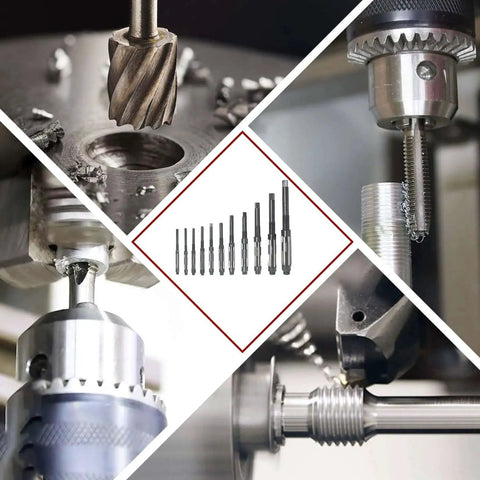 11 Piece Adjustable Hand Reamer Set Pro Grade High Speed Steel For Drilling Machines From Fifteen Thirty Second Inch To One And A Half Inch With Straight Flute And Straight Handle For Precise Hole Sizing And Easy Cutting shown with various drill applications.