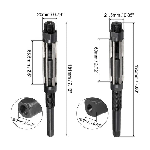Adjustable Pro Grade Hand Reamer Set 19 To 21 Mm And 21 To 23 Mm High Speed Steel H8 Tool With 6 Straight Flutes, front view.