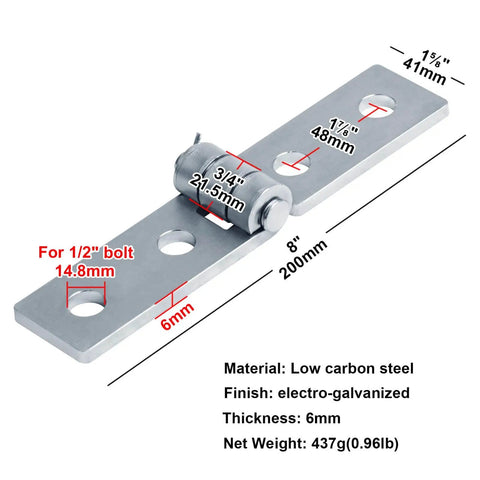 Four Piece Adjustable Hinge Bracket Set For One And Five Eighth Inch Strut Channel With Four Holes And Quarter Inch Thick Angle Fittings Eight By One And Five Eighth Inch Electro Galvanized Low Carbon Steel image showing specifications like material, finish, thickness and weight