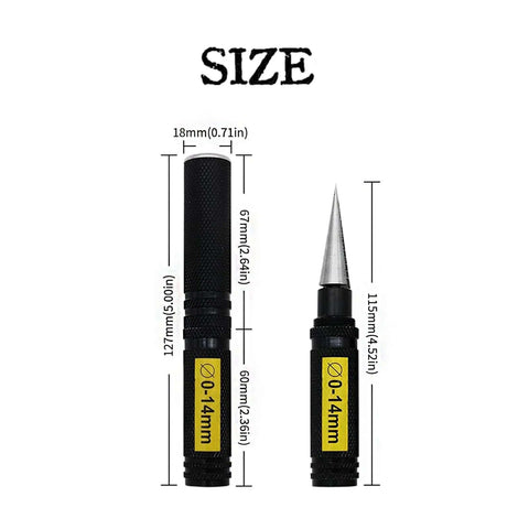Adjustable 0-14mm Manual Hole Punch Tool For Woodworking And Metalworking, Precise Reamer Drill, shown with size dimensions.