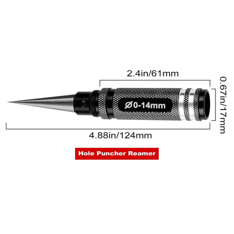 Adjustable 0 To 14mm Hole Puncher Reamer For RC Car Body Shells And Aircraft Models, stainless steel, black tool with measurements