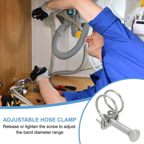 Installer using 24 To 28 Millimeter Adjustable Double Wire Hose Clamp Set Of 10 Stainless Steel 304 Hose Clips on pipe under cabinet