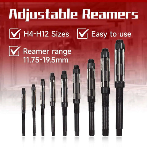 Adjustable Hand Reamer Set, 9 Piece High Speed Steel Reamers Ranging From 15/32 Inch To 1-3/16 Inch, Straight Flute, A Handy Pro Grade Kit For Drilling Machines And Other Gear Findmall displayed with size range 11.75-19.5mm, H4-H12 sizes showcased.