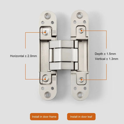 Three Way Adjustable Invisible Hinges For Hidden Doors Concealed Hinges Slick Zinc Alloy 180 Degree Swing 5.5 Inch Matte Silver