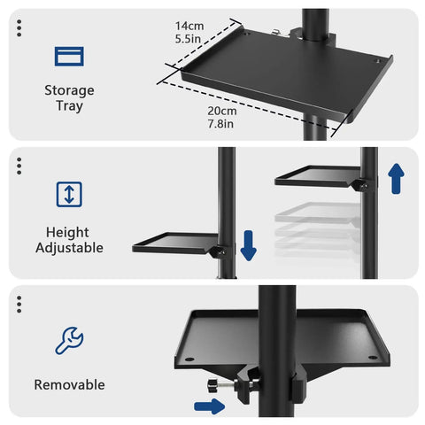 Durable Iron Alloy Salon Tray Cart on Wheels With Adjustable Height and 360 Degree Swivel Easy Clean Tattoo Tray Stand for Spa and Dental Clinics Stable Rolling Trolley for Professional Work By ZHOOGE showing adjustable tray sizes and removable feature.