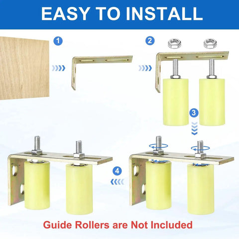 Illustration of Two Pack Adjustable L Shaped Brackets For Sliding Doors with installation steps and guide roller placement.