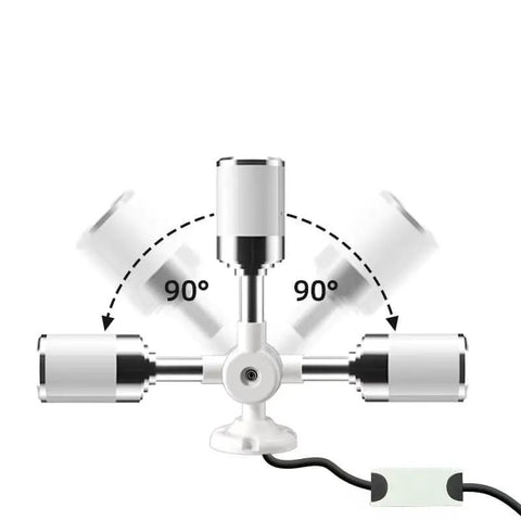 Adjustable multi-directional ceiling light fixture with three rotating LED bulbs and white base.