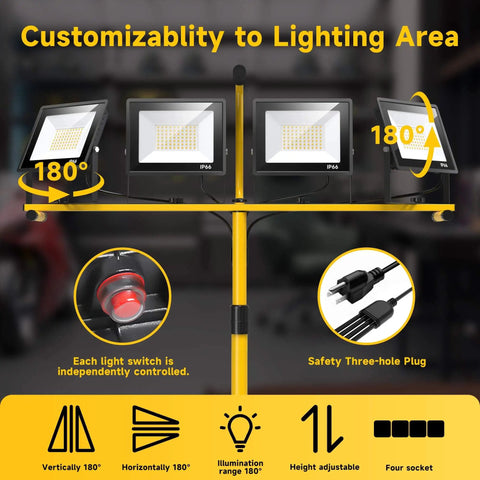 Ultra Bright Plug In LED Work Light With Stand 28,000 Lumen 110V Outdoor Flood Light With 4 Adjustable Heads Foldable Tripod