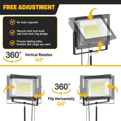 Heavy Duty 10000LM LED Work Light With Stand For Dewalt 20V Battery Not Included showing 360° rotation features