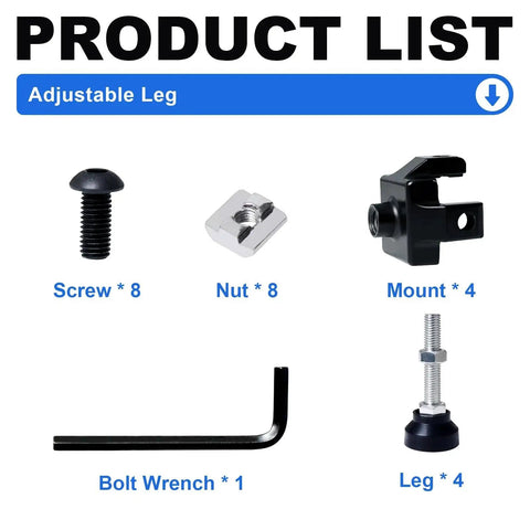 Product list image showing screws, nuts, mounts, bolt wrench, and 4 adjustable legs for 40x40 extrusion, used for stable leveling in setups.