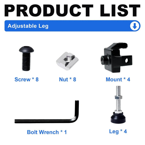 Four Pack 3030 Adjustable Leg Feet in black for 30x30 T-Slot and V-Slot aluminum extrusion with screws, nuts, mounts, and wrench.