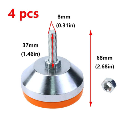 Rock Solid Heavy Duty Adjustable Leg Leveler Set 4 Pack M8 Thread 600 Lb Capacity with orange and silver tone rubber base
