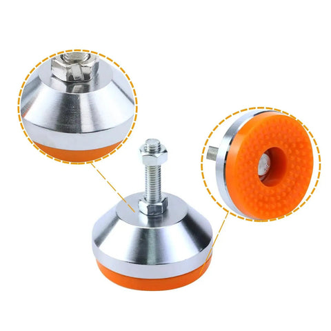 Rock Solid Heavy Duty Adjustable Leg Leveler Set 4 Pack M8 Thread 600 Lb Capacity close-up of orange and silver tone rubber base