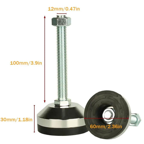 Heavy Duty Leveling Leg Set With 2.36 Inch Base Diameter And M12 Thread, 100mm Adjustable Feet Deliver 1300 Lb Capacity