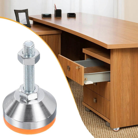 8 Pack Adjustable Heavy Duty Leveling Feet With 50mm Base Diameter And M12x50mm Thread Anti Slip Shock Absorbing Furniture Levelers, shown on wooden desk