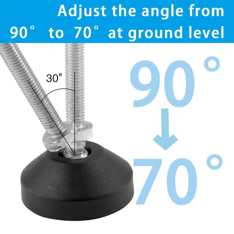Close-up of 4 Pack Adjustable M10 Leveling Feet with T Nuts, showing angle adjustment from 90 to 70 degrees with threaded rubber and nylon base.
