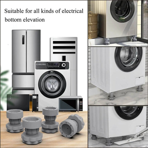 Four pack adjustable leveling feet deliver stable wobble free support for washing machines and appliances, close-up view.