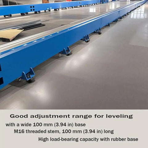 Close-up of installed Beefy Heavy Duty Adjustable Leveling Feet For Workbenches Machines Cabinets M16 Thread Three Point Nine Four Inch Base 33000 Lb Capacity 45 Steel With Rubber Non Slip Pads WUEIBUZUDAO Ideal For Industrial Use And Heavy Equipment Stands For Home Shops, showing blue base and rubber feet on a concrete floor.