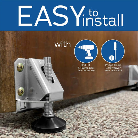 Close-up of Heavy Duty Adjustable Leveling Feet For Desks Tables Cabinets And Shelving Units, Fulton 4 Pack Side Mount Levelers installed