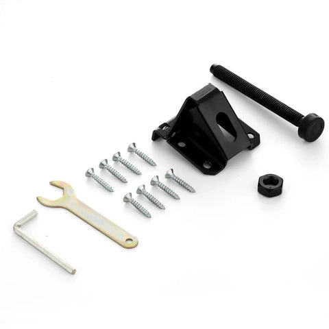 Beefy Heavy Duty 4 Pack Adjustable Leveling Feet for Tables and Cabinets with screws, lock nuts, and wrench, black components.