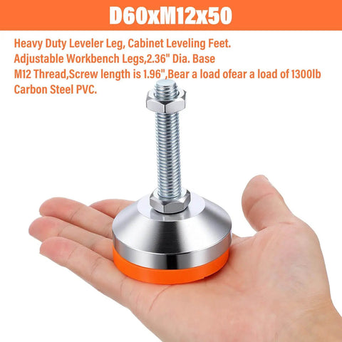 Heavy duty adjustable leveling feet with a 2.36 inch base, M12 thread and 50mm screw length held in hand