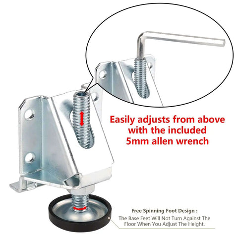Heavy duty adjustable leveling feet for furniture and work surfaces, with 10 mm threaded shaft, shown with 5mm allen wrench.
