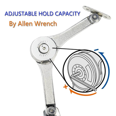 Close-up of adjustable lid support hinge with allen wrench adjustment, part of Hinges Soft Close, Lid Support Hinges, Lid Stay for Chest Wardrobe.