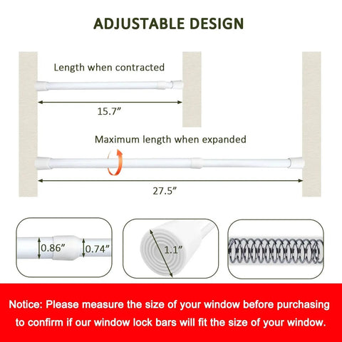 Adjustable Sliding Door Lock Bar With Rubber Tips For Enhanced Window And Sliding Glass Door Security, Fits 16 To 28 Inches, 1.2 Inch Diameter, shown in adjustable design with length details.