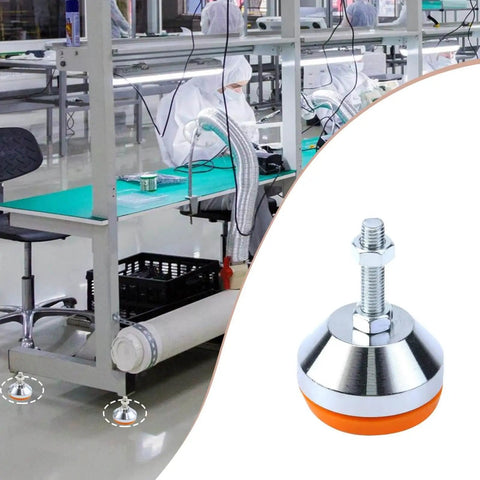 M8 thread adjustable leg levelers with a 2 inch leveling screw and 600 lb capacity stabilizing a workbench with antiskid rubber pads