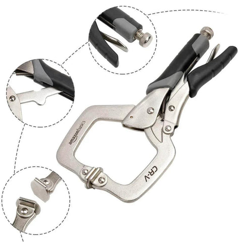 Adjustable Metal Face Clamps 11 Inch Pack Of 2 for woodworking welding and repairs, black handles, swivel pads close-up view