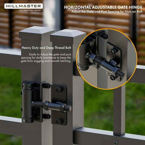 Built Tough Self Closing Gate Hinges For Metal Vinyl PVC Wood Fence With Adjustable Tension And 90 Degree Swing Gate Closer Hinges shown installed on a metal fence.