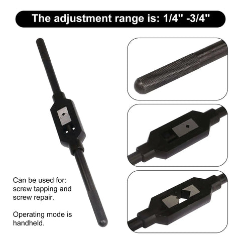 Beefed Up Adjustable Metal Tap Handle Reamer Wrench For Screw Tapping And Repair From One Quarter Inch To Three Quarters Inch Range 12 Millimeter Rod Diameter Durable Alloy Steel Construction With Precise Bite For Tight Fits, showing full view with adjustment range details.