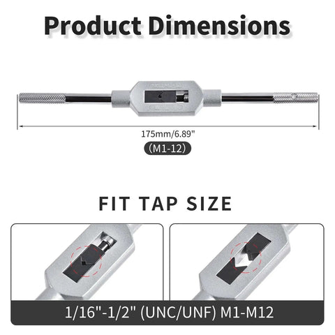 Product dimensions of Adjustable Tap Wrench Handle For M1-M12 And W1/16-1/2 Reamers, 175mm length, zinc alloy build.