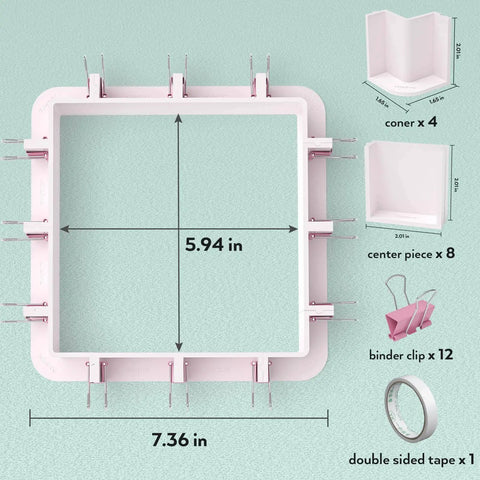 Diagram of Adjustable Molds Housing with measurements and components including corners, center pieces, binder clips, and tape for crafting.