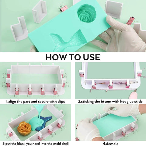 Step-by-step guide using Adjustable Molds Housing For Silicone And Resin Molds with reusable plastic frame and binder clips.