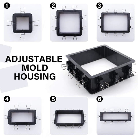 Adjustable Silicone Mold Housing Kit For DIY Resin, Soap, And Candle Molds, Plastic frame with clips in various sizes.