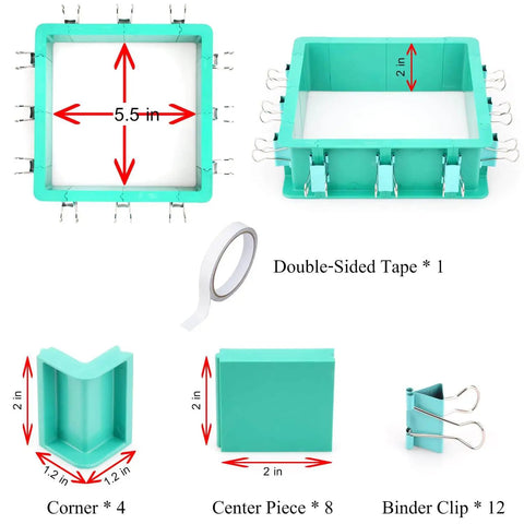 Adjustable Mold Housing Kit for Silicone Molds with double-sided tape, corners, center pieces, and binder clips visible