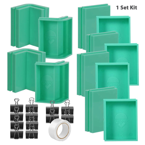 All In One Adjustable Mold Housing Kit For Silicone Molds Easy DIY Casting Soap Wax And Candle Molds With Corners Centerpieces Binder Clips Bottom Films And Tape To Build Freeform And Tierable Molds Quickly showing components in green and black with tape roll.