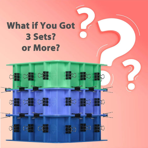 Stacked All In One Adjustable Mold Housing Kit for Silicone Molds in green and blue with binder clips and question marks