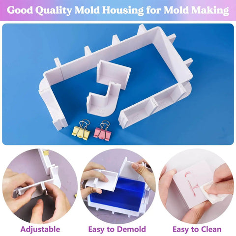 Adjustable Pro Grade Mold Housing for Silicone Molds Making Not for Direct Resin Use DIY Mold Frame Kit shown with clips and tape