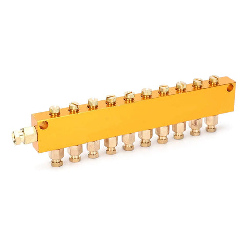 Side view of Adjustable Oil Distributor With One Inlet Ten Outlet Stainless Steel Lubrication System for CNC Machine Tools and Industrial Equipment