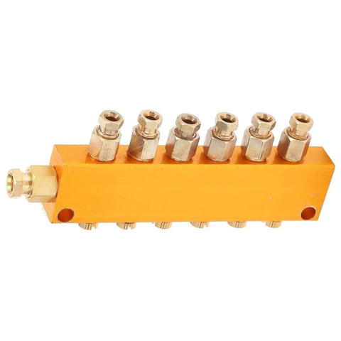 Five To Six Way Adjustable Oil Distributor Manifold For Automatic Lubrication Pumps, brass block with six outlets, side view