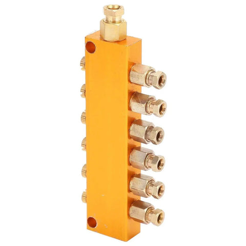 Five To Six Way Adjustable Oil Distributor Manifold For Automatic Lubrication Pumps, brass block with six outlets side view