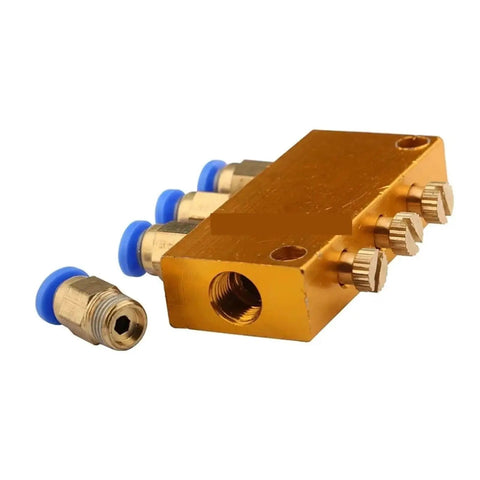 Built To Last Adjustable Oil Distribution Valve For Centralized Lubrication Systems, 2 To 6 Way Piston Distributor, gold color, multiple outlets