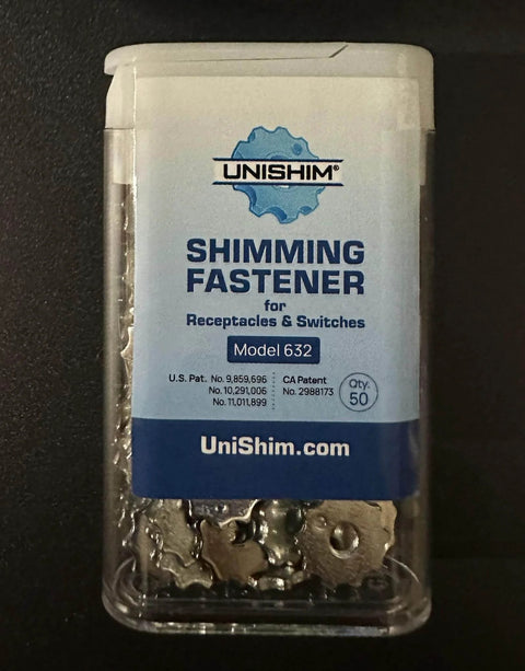 Container of UniShim Adjustable Outlet Spacer 50pk for receptacles and switches, Model 632, showing metallic spacers inside.